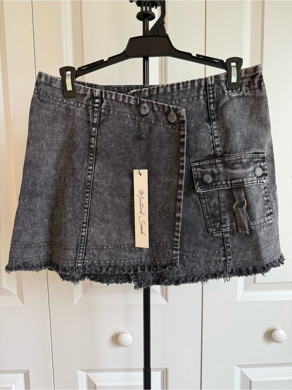 NWT Mustard Seed Asymmetric Denim Cargo Mini Skirt Washed Black S
